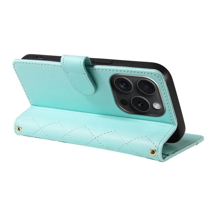 For iPhone 15 Pro Case Checkered Texture Leather Phone Cover with Crossbody Strap