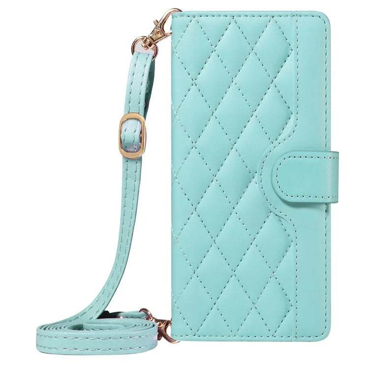 For iPhone 15 Pro Case Checkered Texture Leather Phone Cover with Crossbody Strap