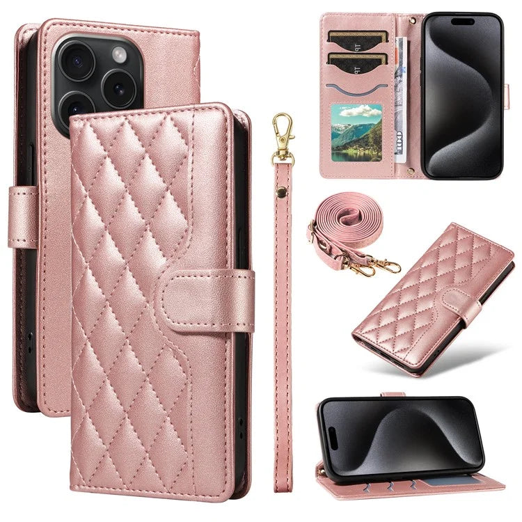 For iPhone 15 Pro Case Checkered Texture Leather Phone Cover with Crossbody Strap