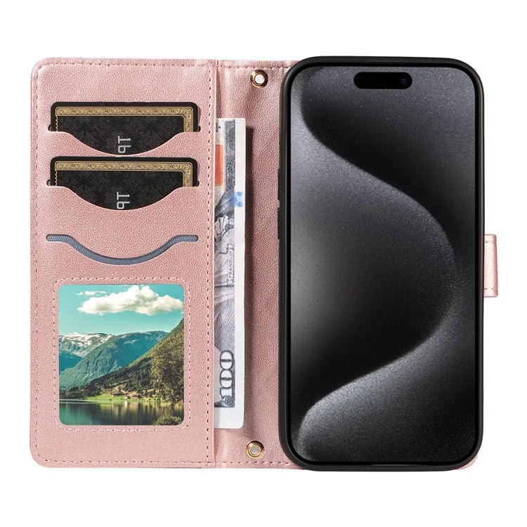 For iPhone 15 Pro Case Checkered Texture Leather Phone Cover with Crossbody Strap