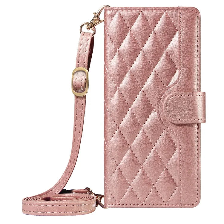 For iPhone 15 Pro Case Checkered Texture Leather Phone Cover with Crossbody Strap