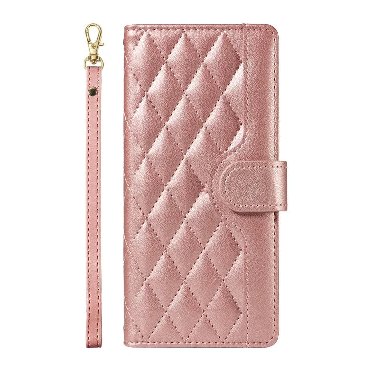 For iPhone 15 Pro Case Checkered Texture Leather Phone Cover with Crossbody Strap
