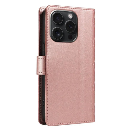 For iPhone 15 Pro Case Checkered Texture Leather Phone Cover with Crossbody Strap