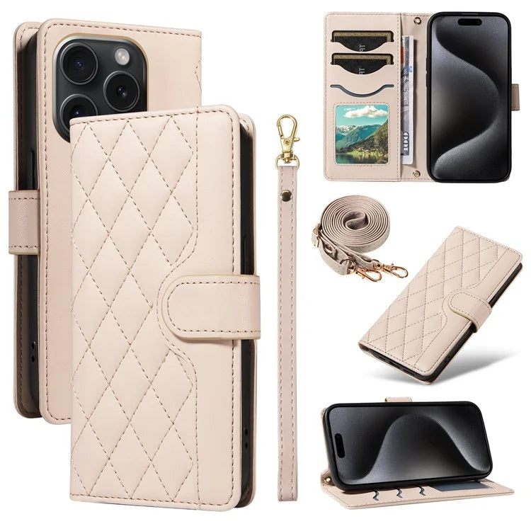 For iPhone 15 Pro Case Checkered Texture Leather Phone Cover with Crossbody Strap