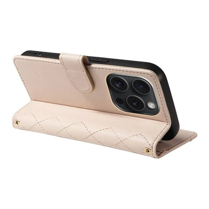 For iPhone 15 Pro Case Checkered Texture Leather Phone Cover with Crossbody Strap