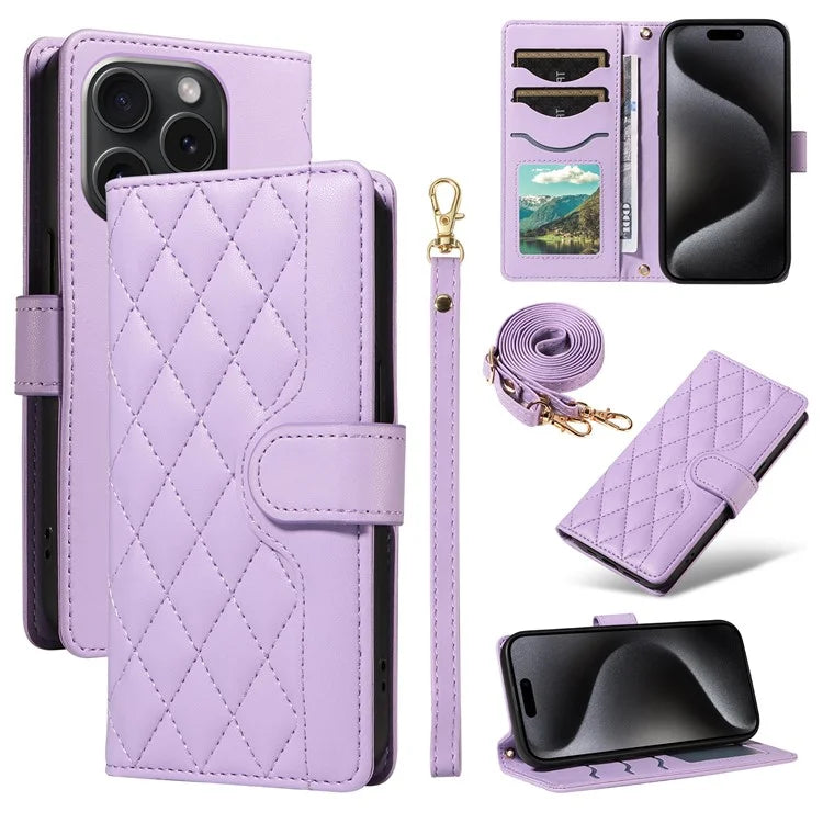 For iPhone 15 Pro Case Checkered Texture Leather Phone Cover with Crossbody Strap