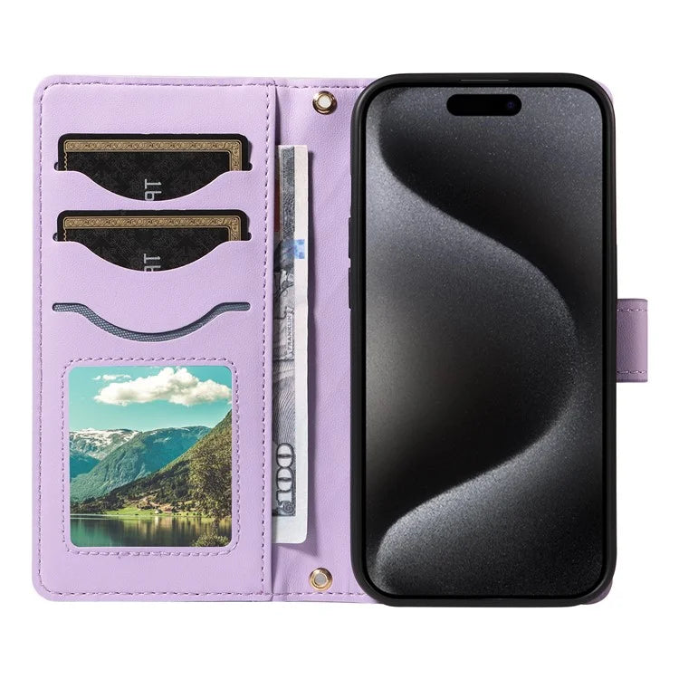 For iPhone 15 Pro Case Checkered Texture Leather Phone Cover with Crossbody Strap