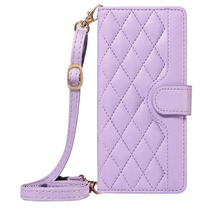 For iPhone 15 Pro Case Checkered Texture Leather Phone Cover with Crossbody Strap
