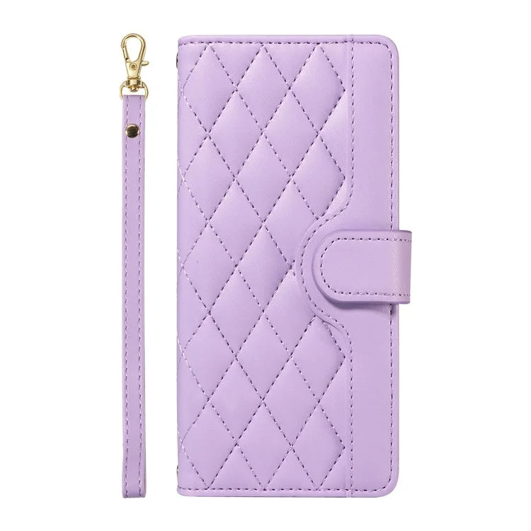 For iPhone 15 Pro Case Checkered Texture Leather Phone Cover with Crossbody Strap