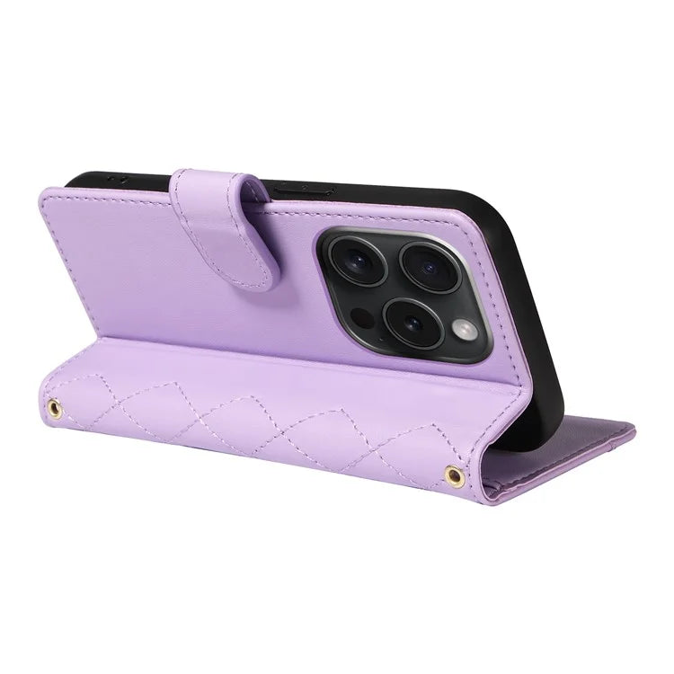 For iPhone 15 Pro Max Crossbody Case Stand Quilted Leather Protective Phone Cover