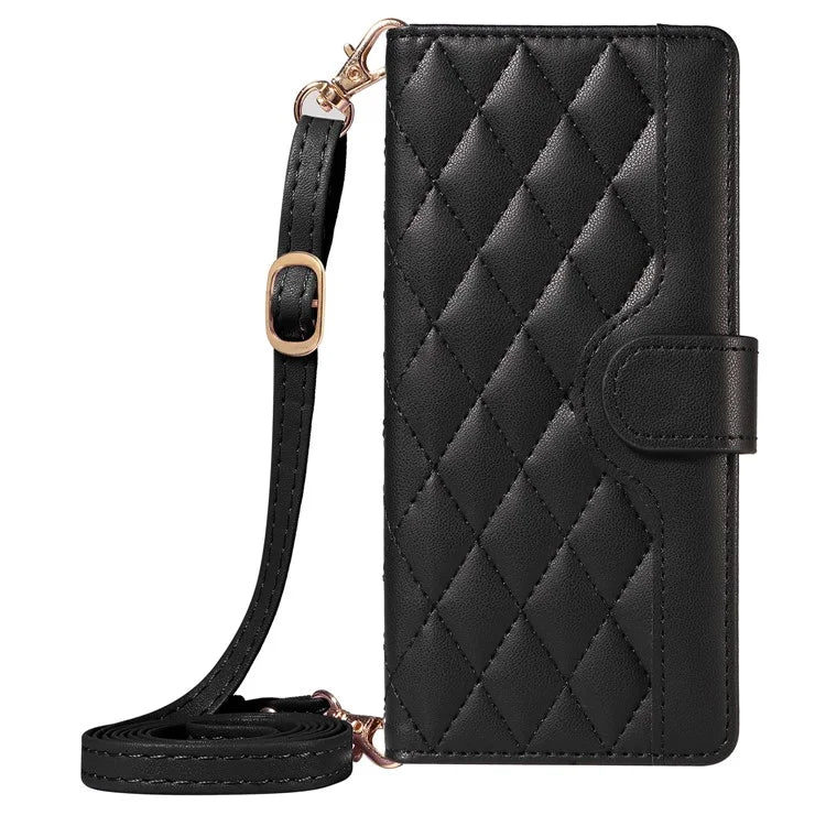 For iPhone 15 Pro Max Crossbody Case Stand Quilted Leather Protective Phone Cover