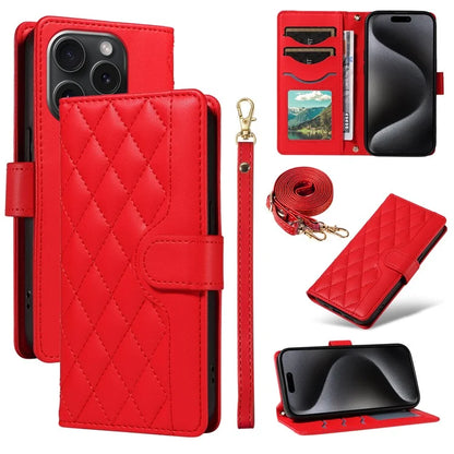 For iPhone 15 Pro Max Crossbody Case Stand Quilted Leather Protective Phone Cover