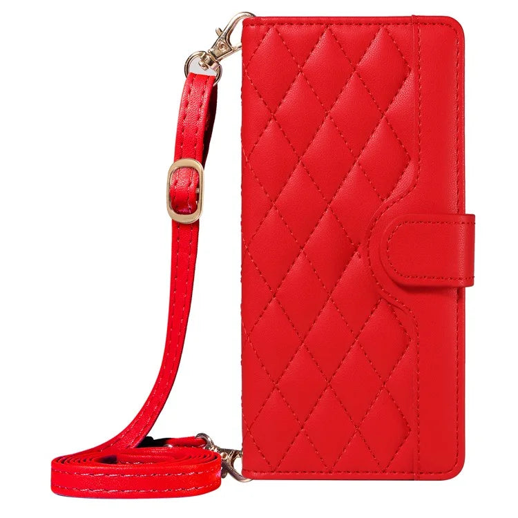 For iPhone 15 Pro Max Crossbody Case Stand Quilted Leather Protective Phone Cover