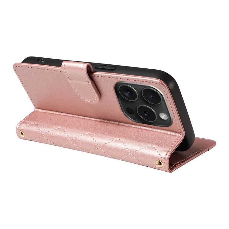 For iPhone 15 Pro Max Crossbody Case Stand Quilted Leather Protective Phone Cover