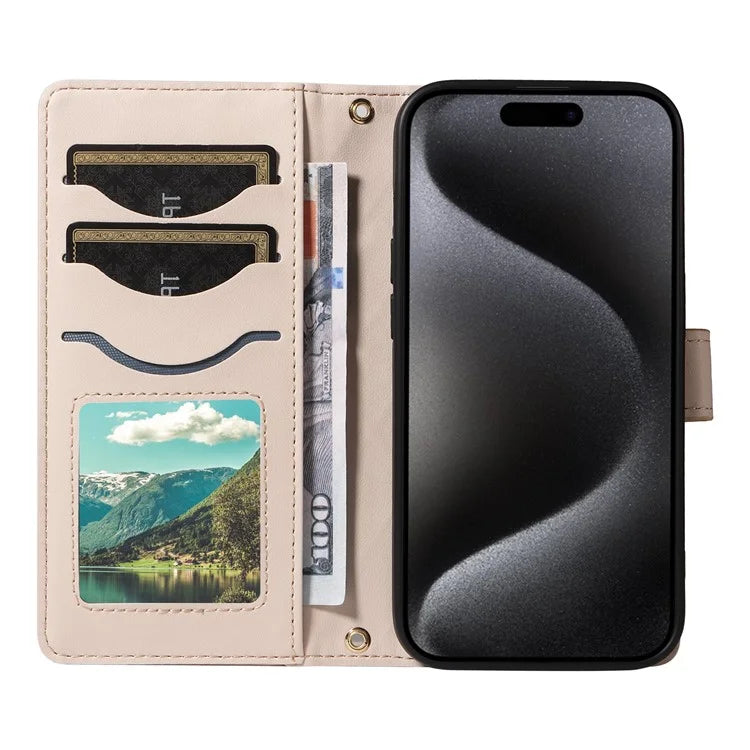For iPhone 15 Pro Max Crossbody Case Stand Quilted Leather Protective Phone Cover