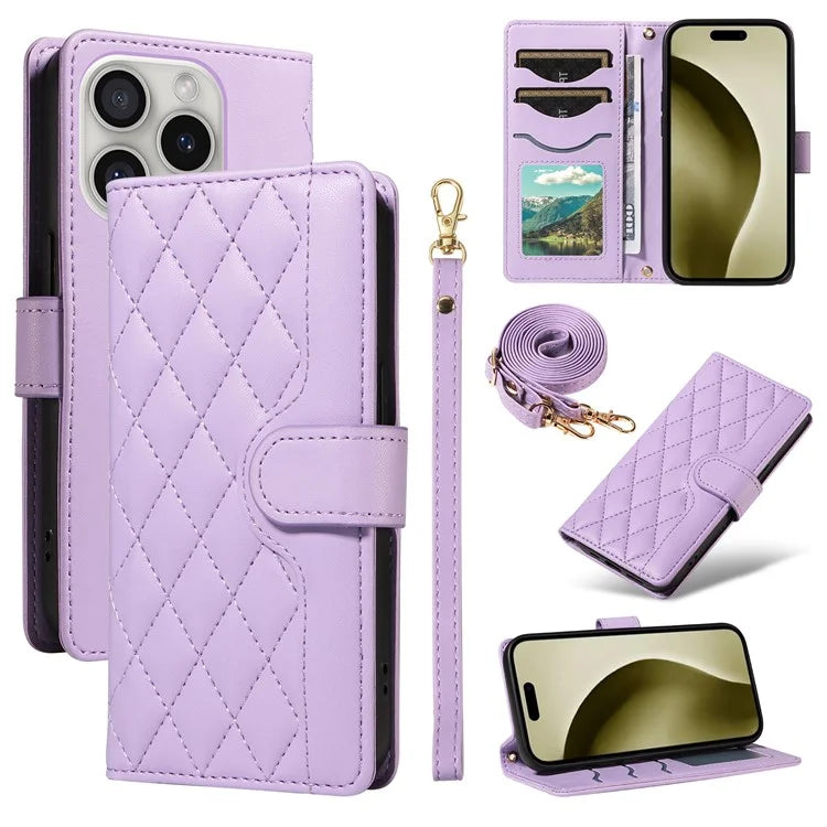 For iPhone 16 Pro Max Case Leather Rhombus Checkered Phone Cover with Detachable Lanyard Straps