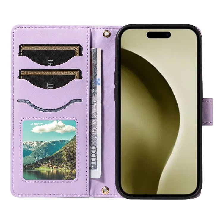 For iPhone 16 Pro Max Case Leather Rhombus Checkered Phone Cover with Detachable Lanyard Straps