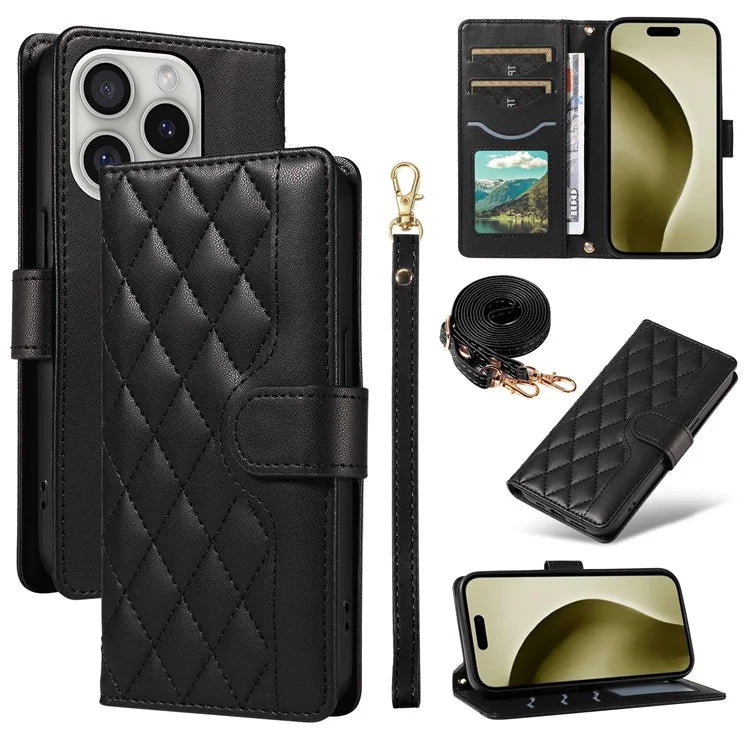 For iPhone 16 Pro Max Case Leather Rhombus Checkered Phone Cover with Detachable Lanyard Straps