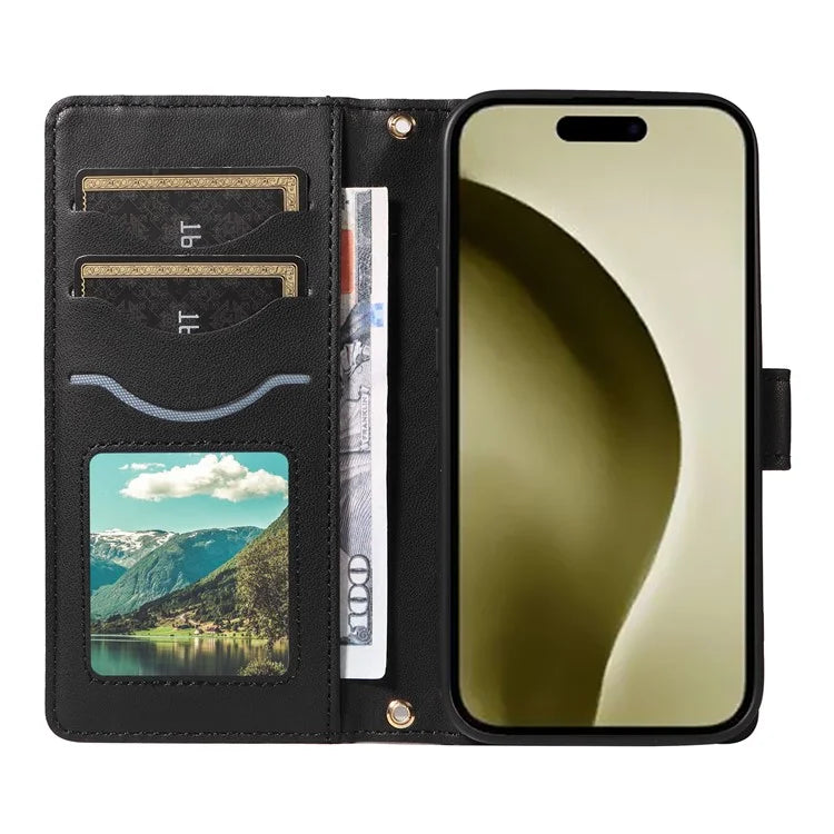 For iPhone 16 Pro Max Case Leather Rhombus Checkered Phone Cover with Detachable Lanyard Straps