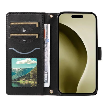 For iPhone 16 Pro Max Case Leather Rhombus Checkered Phone Cover with Detachable Lanyard Straps