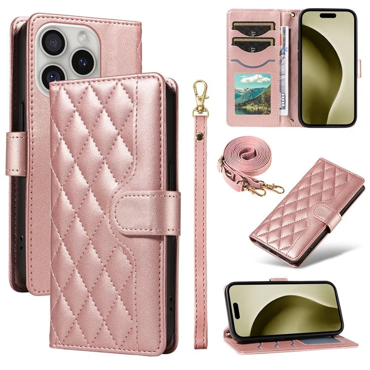 For iPhone 16 Pro Max Case Leather Rhombus Checkered Phone Cover with Detachable Lanyard Straps