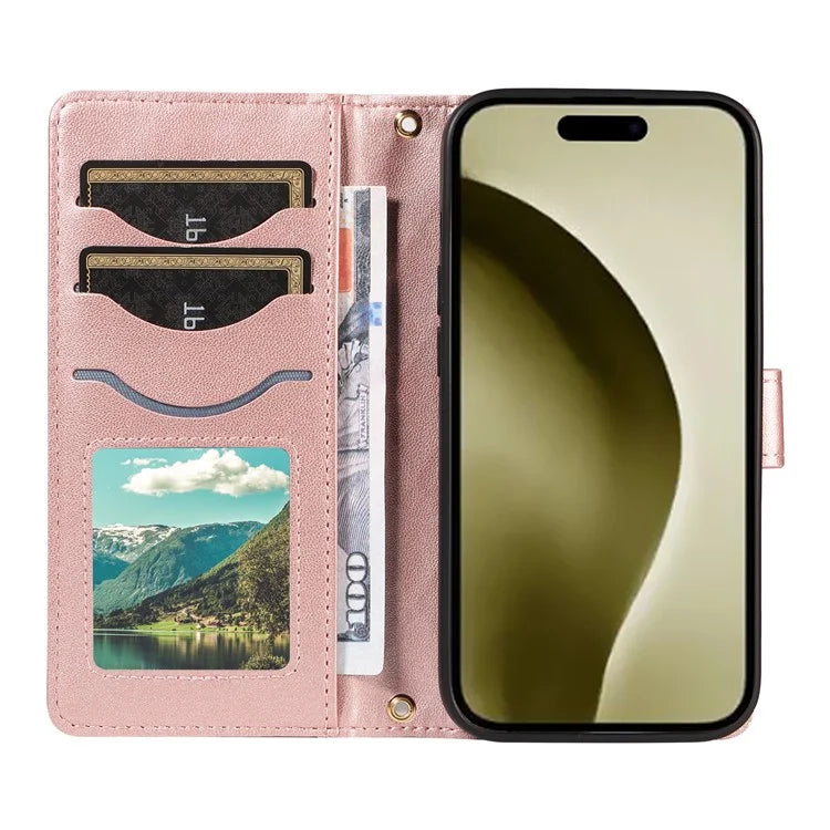 For iPhone 16 Pro Max Case Leather Rhombus Checkered Phone Cover with Detachable Lanyard Straps