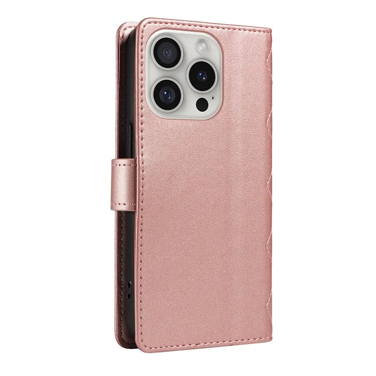 For iPhone 16 Pro Max Case Leather Rhombus Checkered Phone Cover with Detachable Lanyard Straps