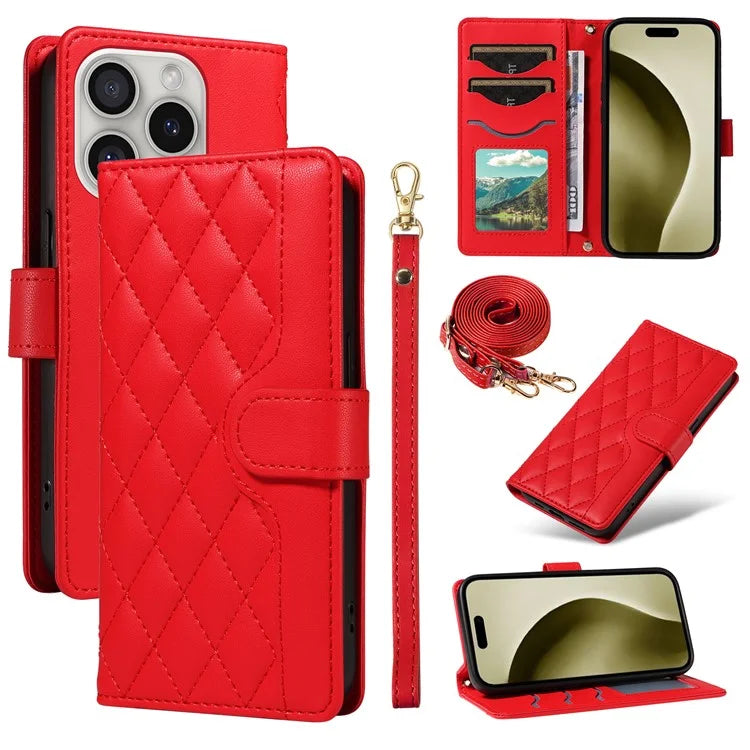 For iPhone 16 Pro Max Case Leather Rhombus Checkered Phone Cover with Detachable Lanyard Straps