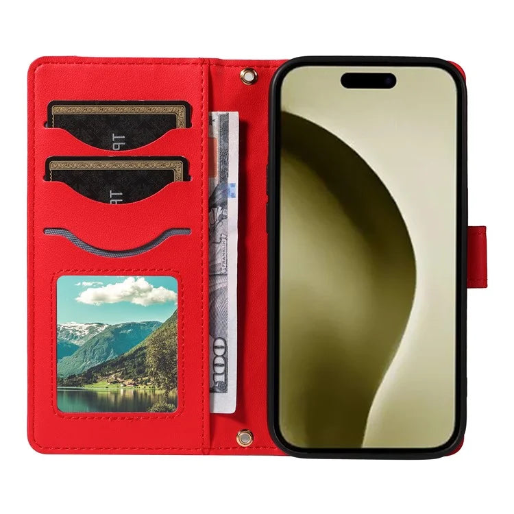 For iPhone 16 Pro Max Case Leather Rhombus Checkered Phone Cover with Detachable Lanyard Straps