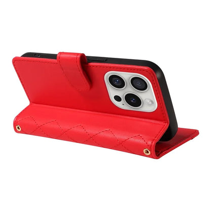For iPhone 16 Pro Max Case Leather Rhombus Checkered Phone Cover with Detachable Lanyard Straps