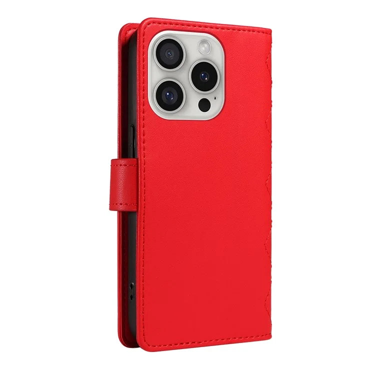 For iPhone 16 Pro Max Case Leather Rhombus Checkered Phone Cover with Detachable Lanyard Straps
