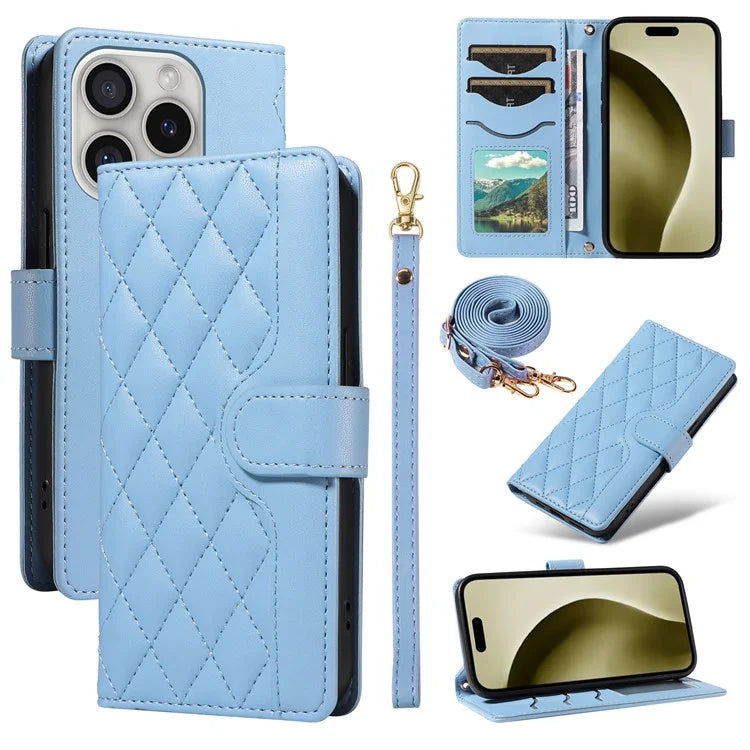For iPhone 16 Pro Max Case Leather Rhombus Checkered Phone Cover with Detachable Lanyard Straps