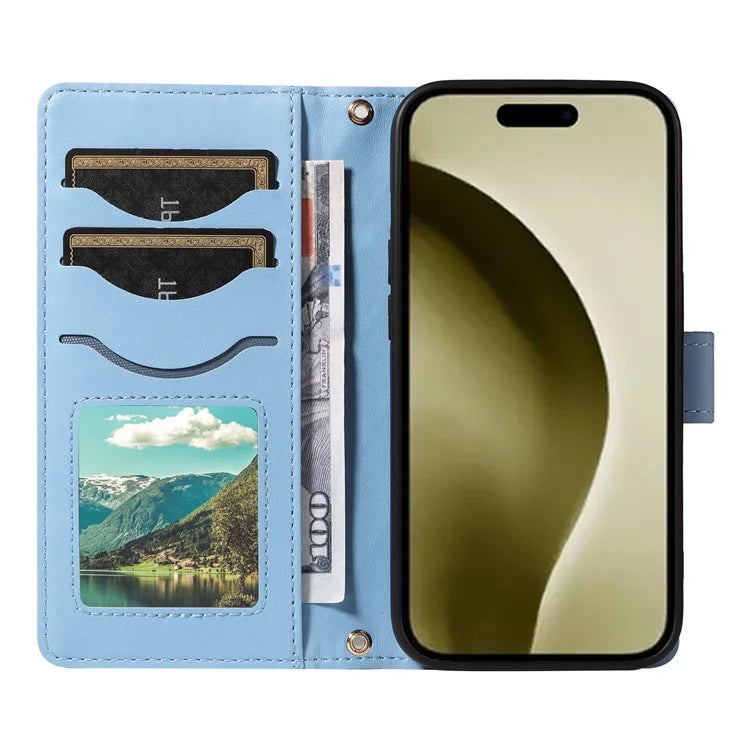 For iPhone 16 Pro Max Case Leather Rhombus Checkered Phone Cover with Detachable Lanyard Straps
