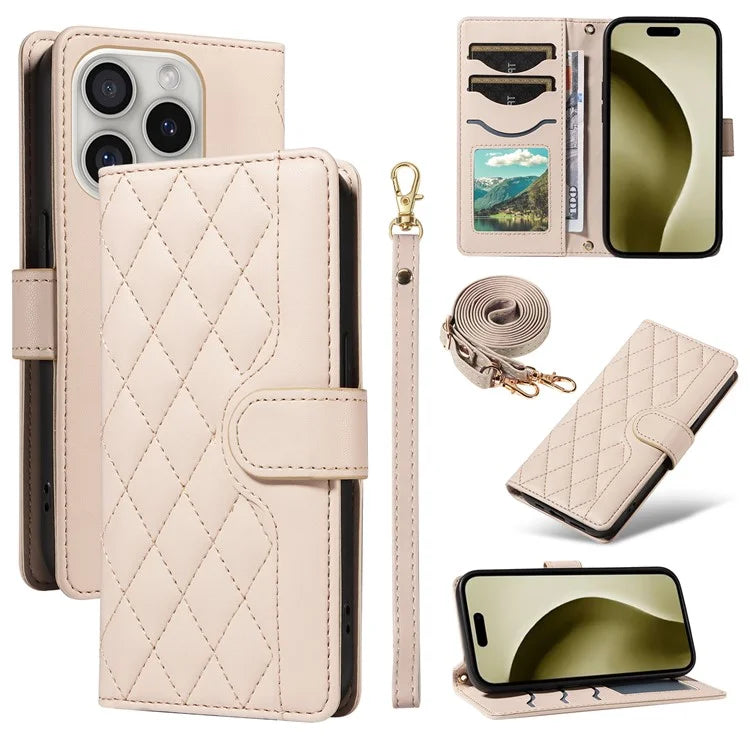 For iPhone 16 Pro Max Case Leather Rhombus Checkered Phone Cover with Detachable Lanyard Straps