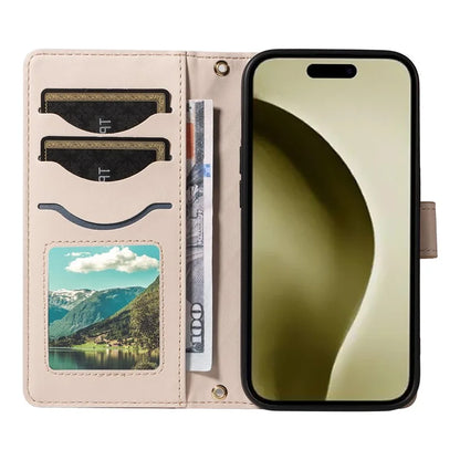 For iPhone 16 Pro Max Case Leather Rhombus Checkered Phone Cover with Detachable Lanyard Straps