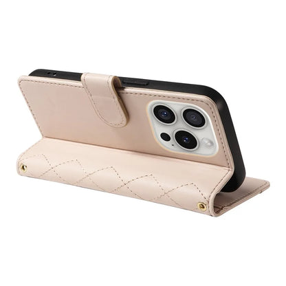 For iPhone 16 Pro Max Case Leather Rhombus Checkered Phone Cover with Detachable Lanyard Straps