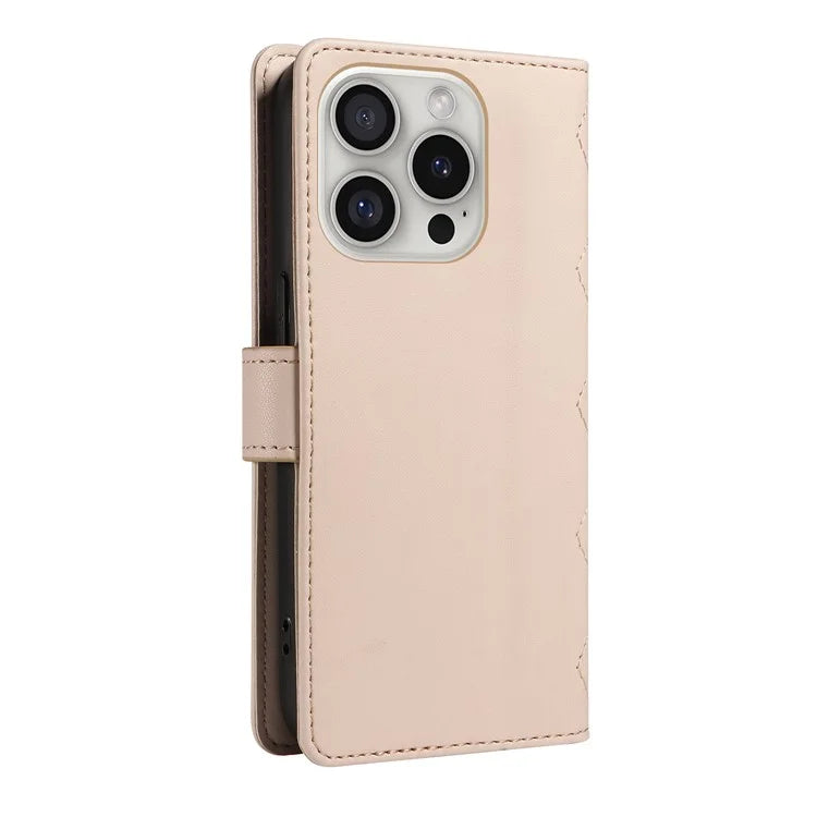For iPhone 16 Pro Max Case Leather Rhombus Checkered Phone Cover with Detachable Lanyard Straps