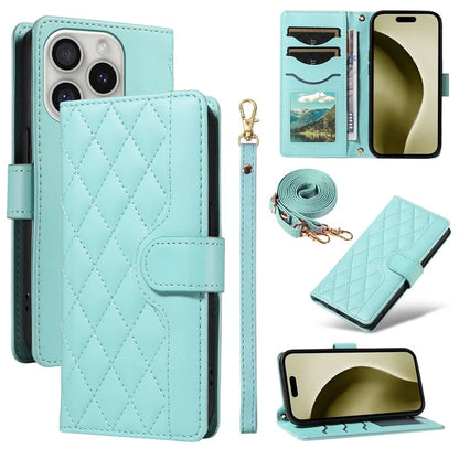 For iPhone 16 Pro Max Case Leather Rhombus Checkered Phone Cover with Detachable Lanyard Straps