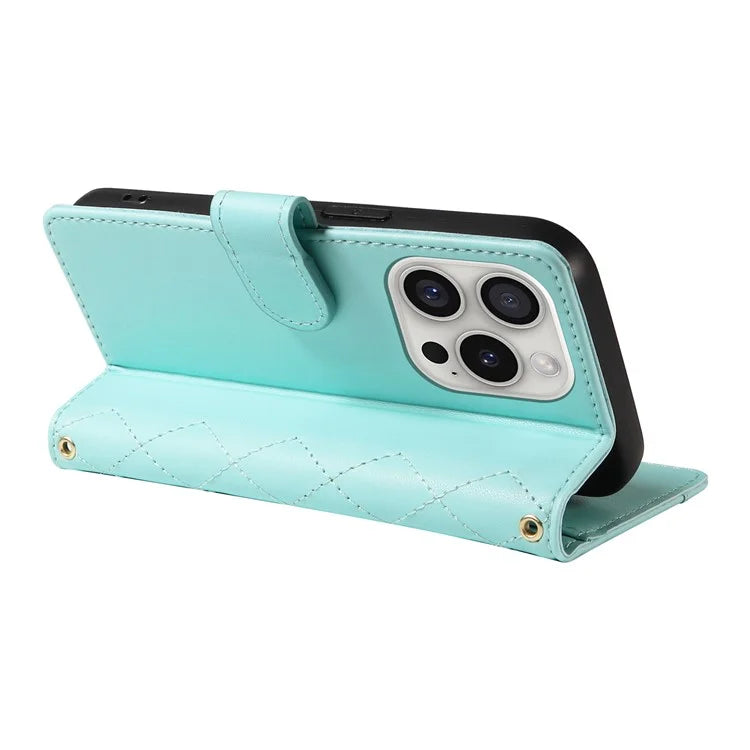 For iPhone 16 Pro Max Case Leather Rhombus Checkered Phone Cover with Detachable Lanyard Straps