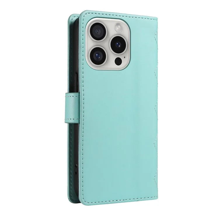 For iPhone 16 Pro Max Case Leather Rhombus Checkered Phone Cover with Detachable Lanyard Straps