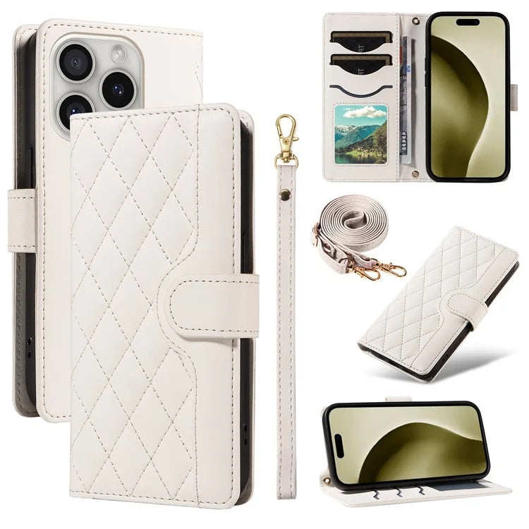 For iPhone 16 Pro Max Case Leather Rhombus Checkered Phone Cover with Detachable Lanyard Straps
