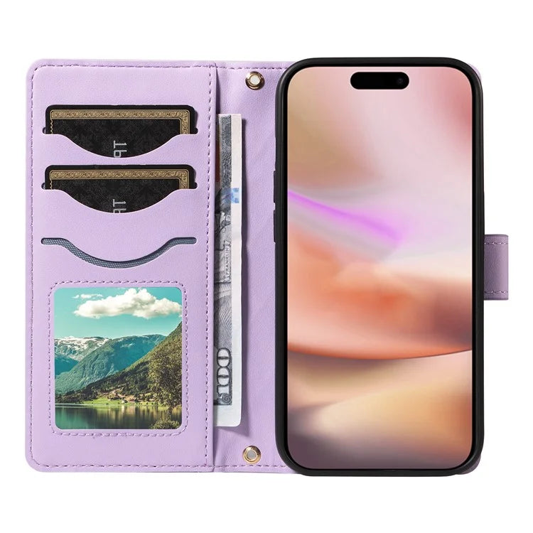 For iPhone 16 Case Wallet Quilted Leather Phone Cover with Shoulder Strap, Wrist Strap