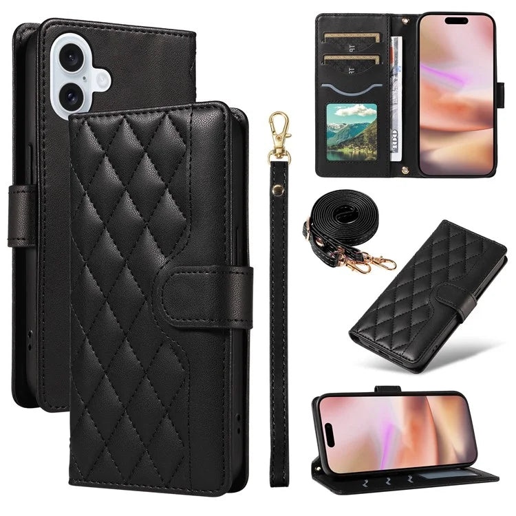 For iPhone 16 Case Wallet Quilted Leather Phone Cover with Shoulder Strap, Wrist Strap