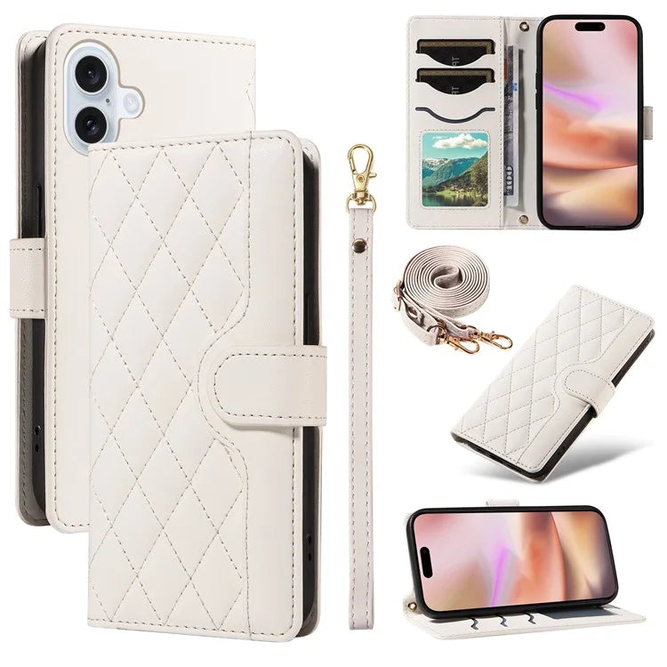 For iPhone 16 Case Wallet Quilted Leather Phone Cover with Shoulder Strap, Wrist Strap