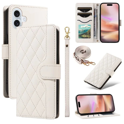 For iPhone 16 Case Wallet Quilted Leather Phone Cover with Shoulder Strap, Wrist Strap