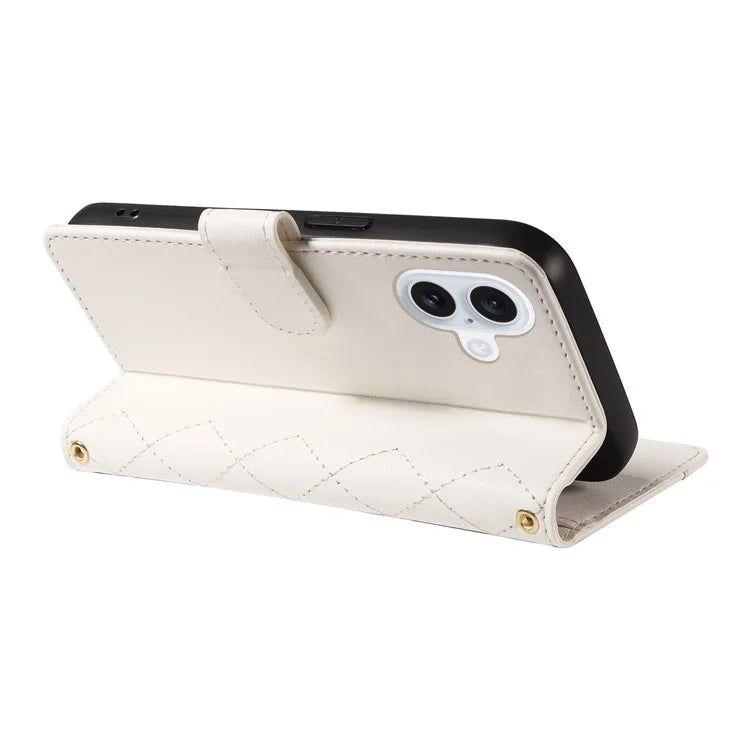 For iPhone 16 Case Wallet Quilted Leather Phone Cover with Shoulder Strap, Wrist Strap