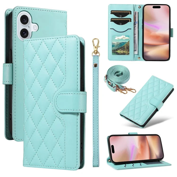 For iPhone 16 Case Wallet Quilted Leather Phone Cover with Shoulder Strap, Wrist Strap