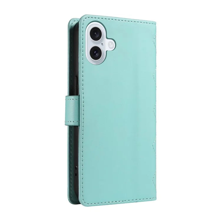 For iPhone 16 Case Wallet Quilted Leather Phone Cover with Shoulder Strap, Wrist Strap