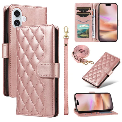 For iPhone 16 Case Wallet Quilted Leather Phone Cover with Shoulder Strap, Wrist Strap