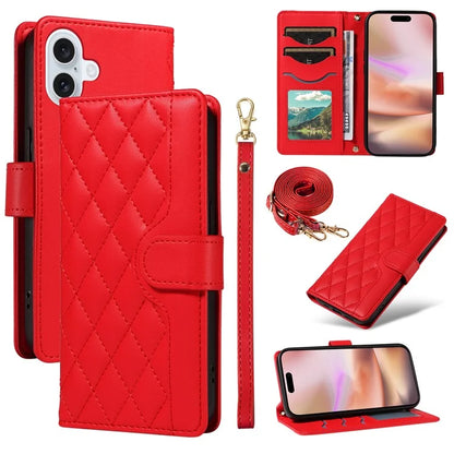 For iPhone 16 Case Wallet Quilted Leather Phone Cover with Shoulder Strap, Wrist Strap
